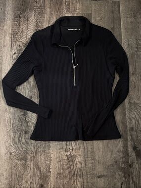 Abercrombie & Fitch Ribbed Half-Zip Collared Long Sleeve - Black - Size Large